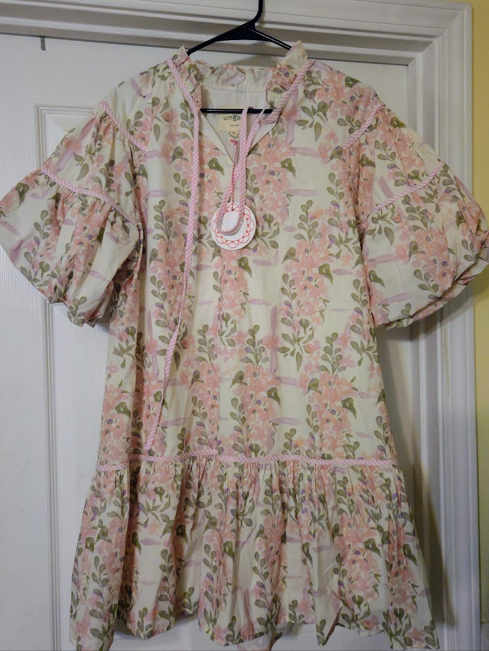 NWT Umgee Pink Olivia Dress/Striped Trim Floral Mini Dress